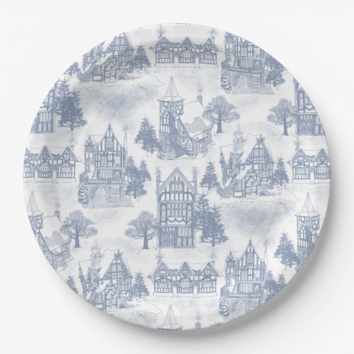 Snowy Christmas in Tudor Village Toile Paper Plates