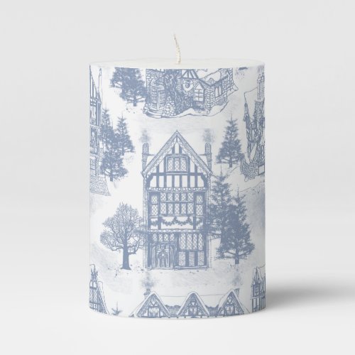 Snowy Christmas in Tudor Village Toile Pillar Candle