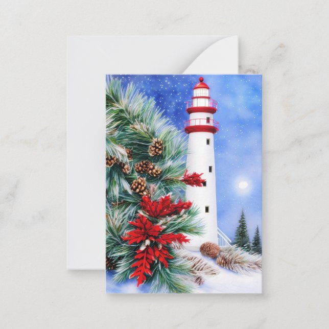 Snowy Christmas lighthouse budget mini Note Card (Front)