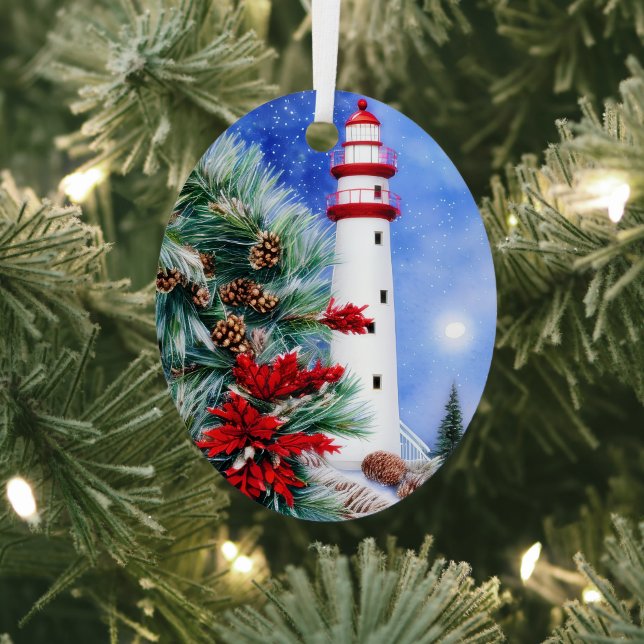 Snowy Christmas lighthouse  Metal Ornament (Insitu)