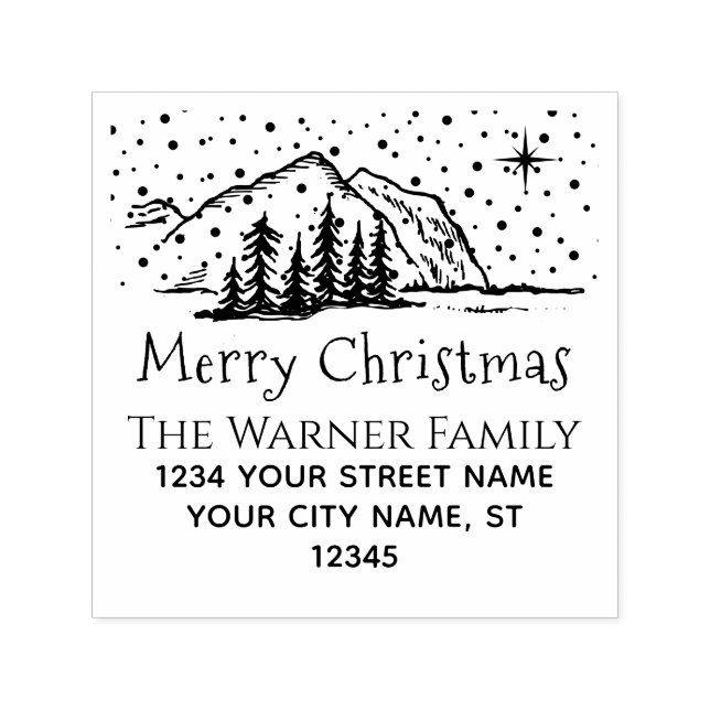 Snowy Christmas Mountains Trees Name Ret Address Self-inking Stamp (Design)