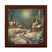 “Snowy Christmas Night Village Scene” Keepsake Box