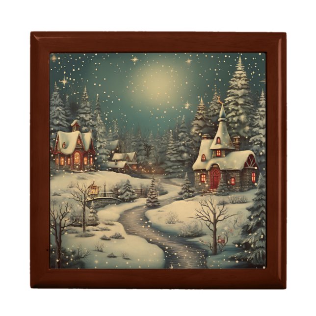 “Snowy Christmas Night Village Scene” Keepsake Box (Front)