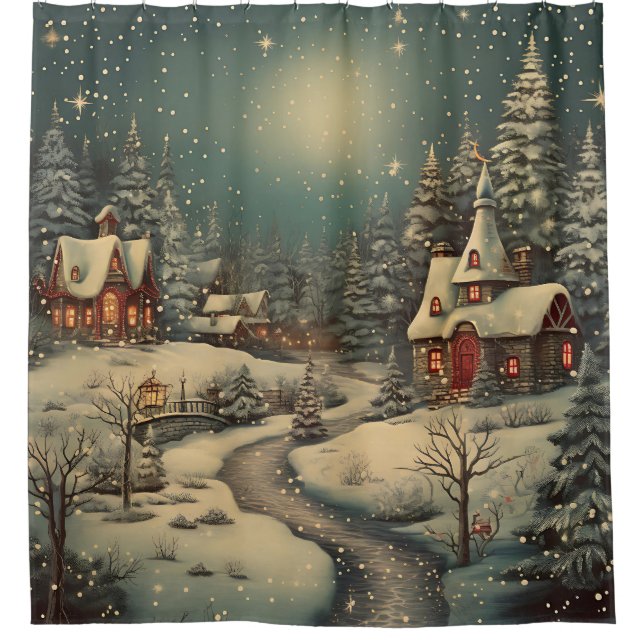 “Snowy Christmas Night Village Scene” Shower Curtain (Front)