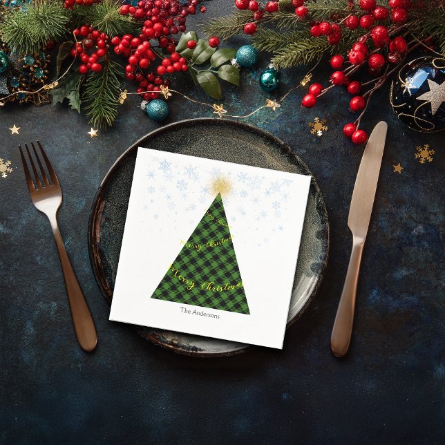 Snowy Christmas Plaids Tree Personalize Napkins (Creator Uploaded)