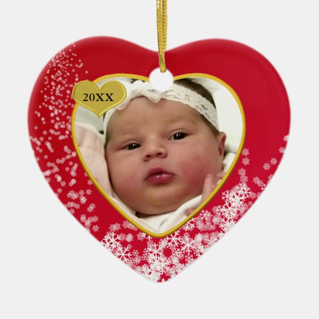 Snowy Christmas Red Baby's Heart Photo Ceramic Ornament (Front)