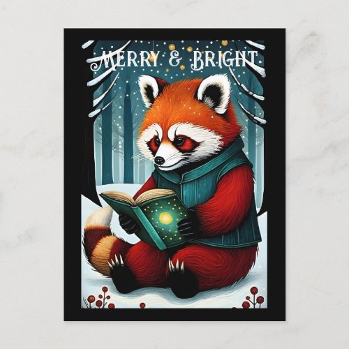 Snowy Christmas Red Panda Reading Book Postcard