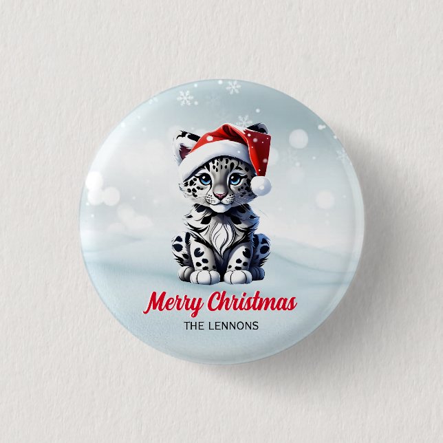 Snowy Christmas Santa Cute Snow Leopard Cub  Button (Front)