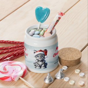 Snowy Christmas Santa Cute Snow Leopard Cub Candy Jar