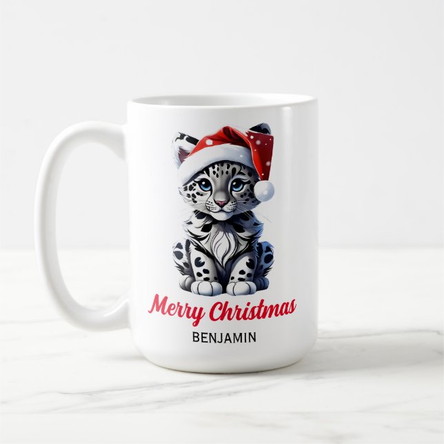 Snowy Christmas Santa Cute Snow Leopard Cub  Coffee Mug (Left)