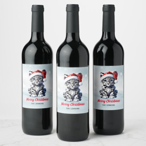 Snowy Christmas Santa Cute Snow Leopard Cub  Wine Label