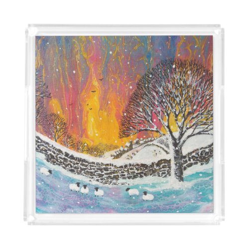 Snowy Christmas Scene Holiday  Acrylic Tray