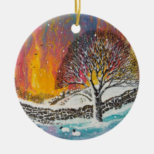 Snowy Christmas Scene Holiday Card Classic Round S Ceramic Ornament (Front)