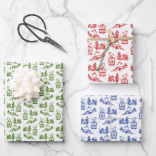 Snowy Christmas Toile blue green and red Wrapping Paper Sheets