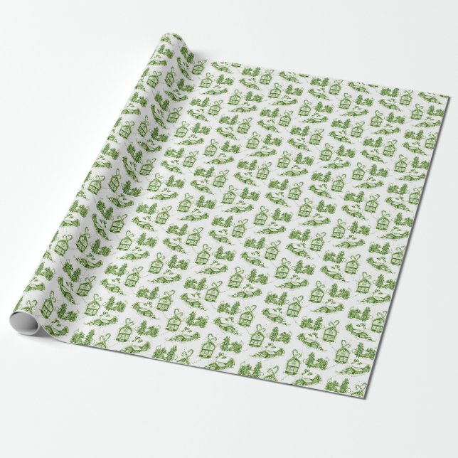 Snowy Christmas Toile | green single roll Wrapping Paper (Unrolled)