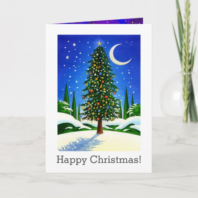 Snowy Christmas Tree Art - Gifts, Moon and Stars Holiday Card (Front)