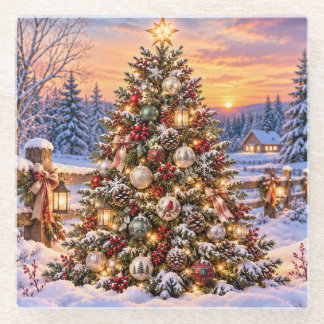 Snowy Christmas Tree Glass Coaster 