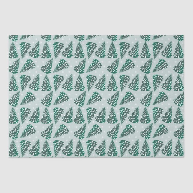 Snowy Christmas Tree Pattern Green White Tissue Paper (Front)