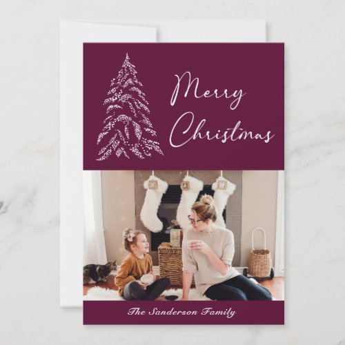 Snowy Christmas Tree Photo Burgundy Holiday Card