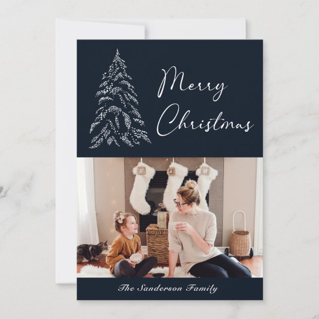 Snowy Christmas tree Photo Navy Holiday Card (Front)