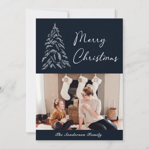 Snowy Christmas tree Photo Navy Holiday Card