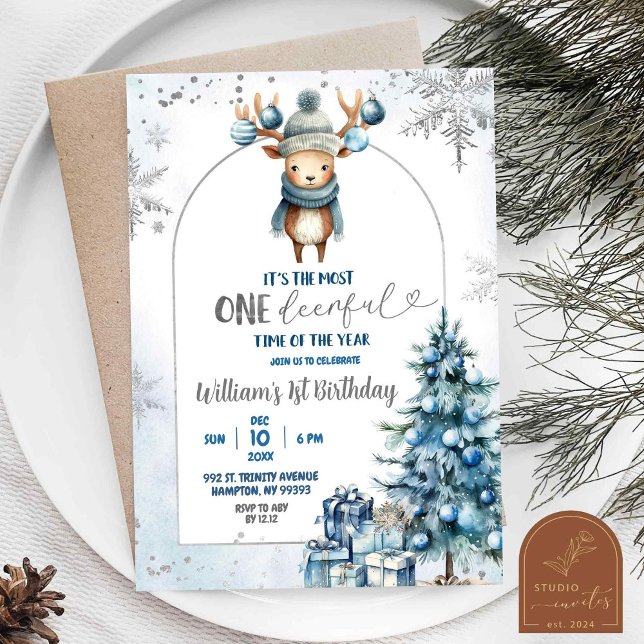 Snowy Christmas Tree Reindeer First Birthday Invitation (Creator Uploaded)