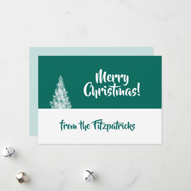 Snowy Christmas Tree Teal and White Minimal Holiday Card (Front/Back In Situ)