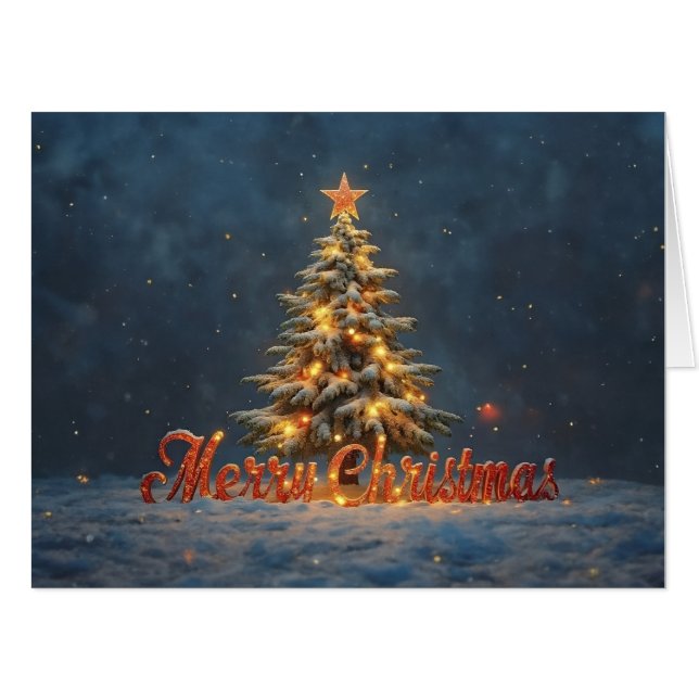 Snowy Christmas Tree with Warm Lights Card (Front Horizontal)