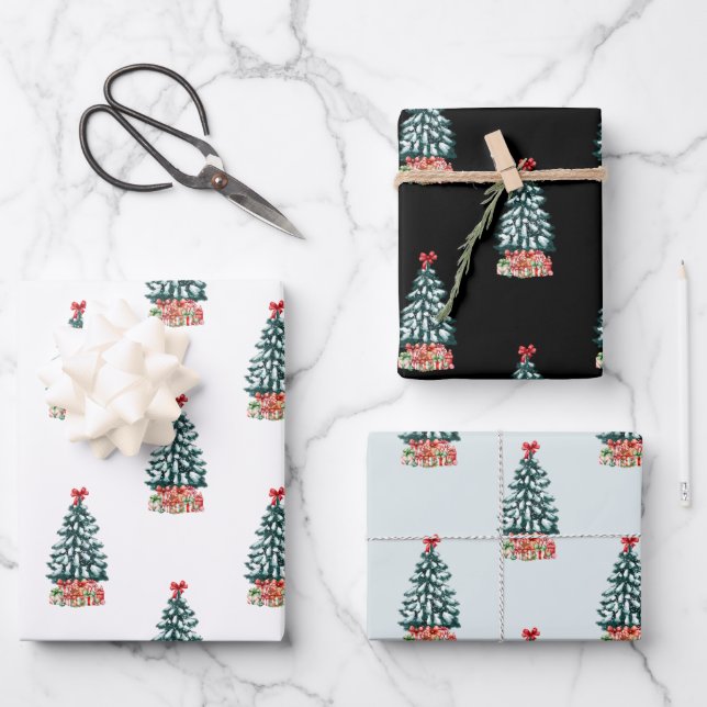Snowy Christmas Tree Wrapping Paper Sheets (Front)