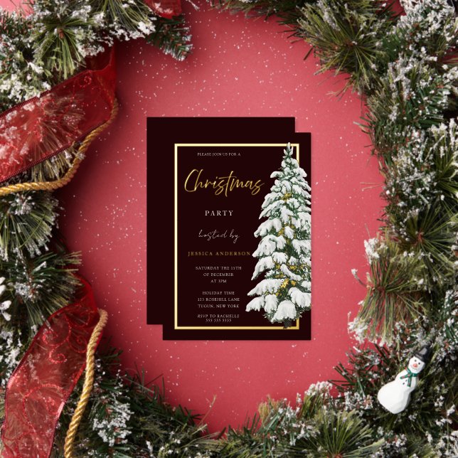 Snowy Christmas Tree Xmas Party Gold Foil Invitation (Insitu)