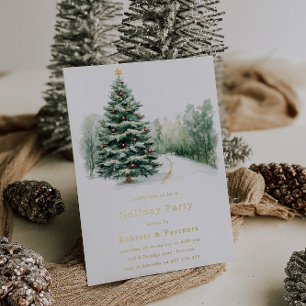 Snowy Christmas Trees Gold Foil Christmas Party Invitation