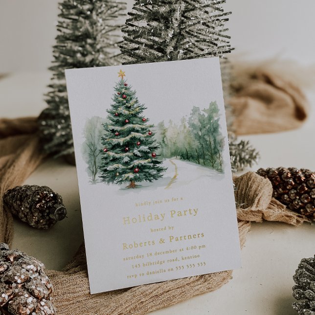 Snowy Christmas Trees Gold Foil Christmas Party Invitation (Creator Uploaded)