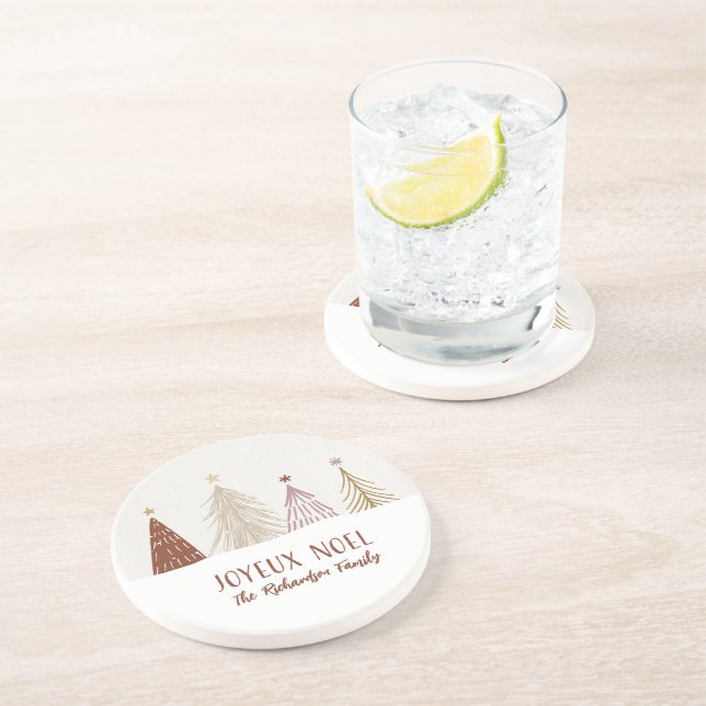 Snowy Christmas Trees Joyeux Noel Red Gold Pink  Coaster (Side)