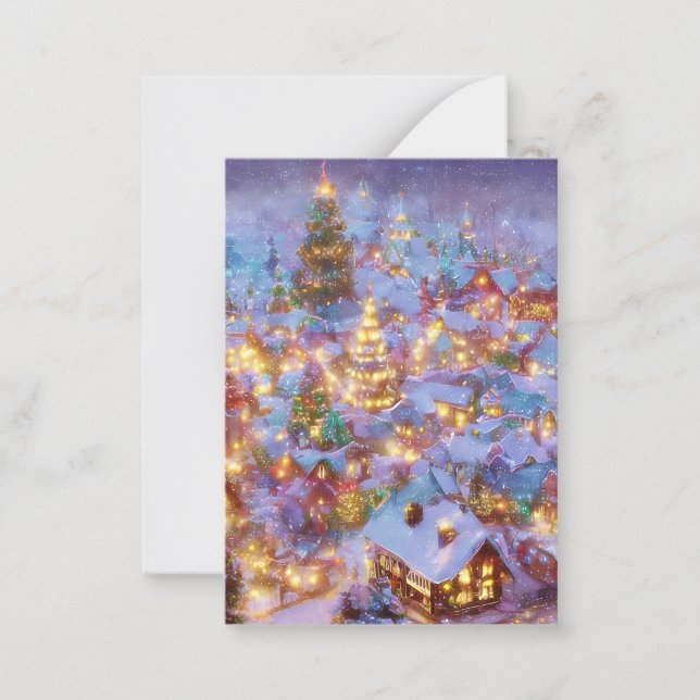 Snowy Christmas village budget mini Christmas Note Card (Front)