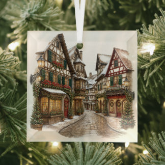 Snowy Christmas Village Square Glass Ornament