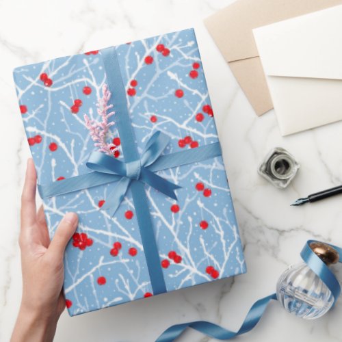 Snowy Christmas Winterberries  Blue  Wrapping Paper