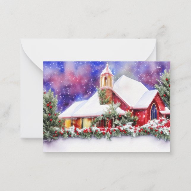 Snowy church budget mini Christmas Note Card (Front)