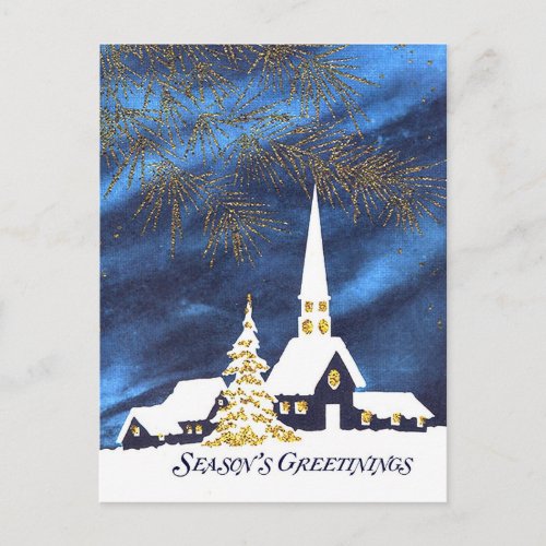 Snowy Church Seasons Greetings Postcard
