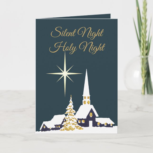 Snowy Church Silent Night Holiday Card (Front)