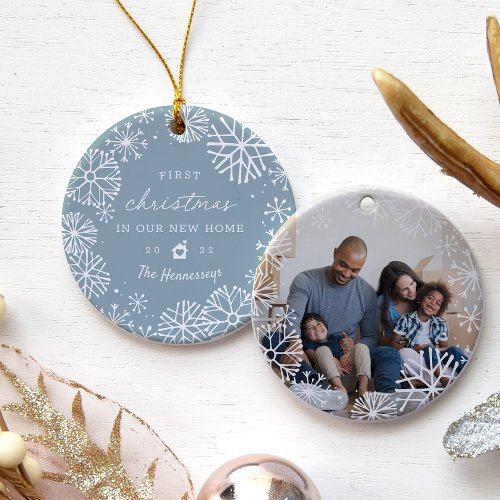 Snowy Circle First Christmas in Our New Home Photo Ceramic Ornament