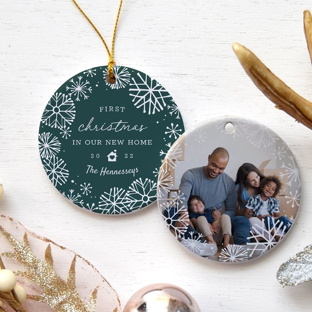 Snowy Circle First Christmas in Our New Home Photo Ceramic Ornament (Creator Uploaded)