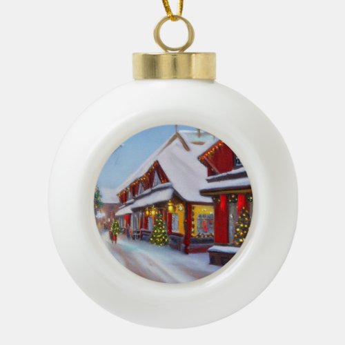 Snowy City street at Christmas Ceramic Ball Christmas Ornament