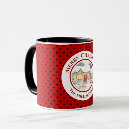 Snowy Cottage Christmas Red Blue Heart Pattern Mug