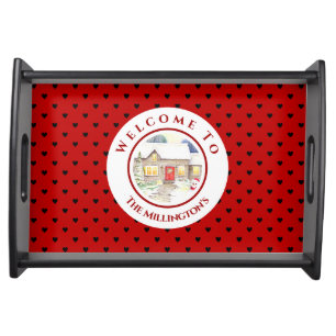 Snowy Cottage Christmas Red Blue Heart Pattern Serving Tray