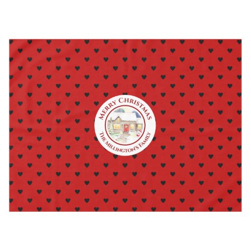 Snowy Cottage Christmas Red Blue Heart Pattern Tablecloth
