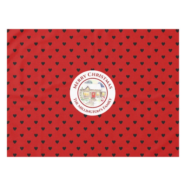 Snowy Cottage Christmas Red Blue Heart Pattern Tablecloth (Front (Horizontal))
