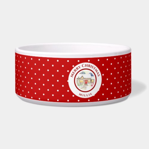 Snowy Cottage Christmas Red White Polka Dots Bowl