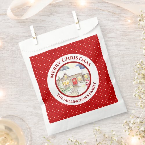 Snowy Cottage Christmas Red White Polka Dots Favor Bag