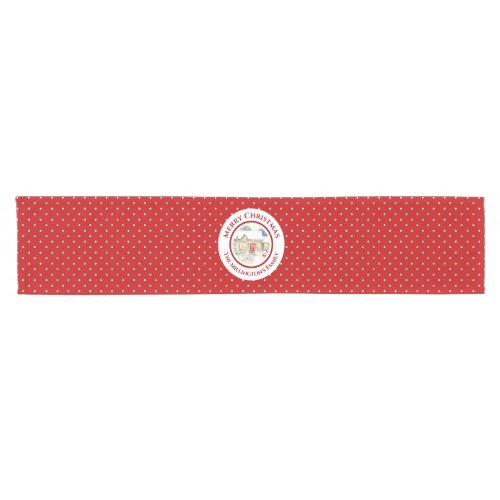 Snowy Cottage Christmas Red White Polka Dots Short Table Runner