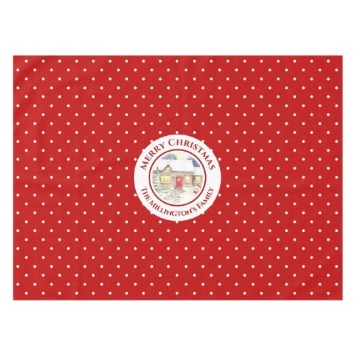 Snowy Cottage Christmas Red White Polka Dots Tablecloth